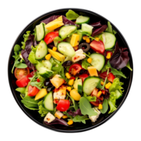 AI generated Bowl of salad in black bowl top view isolated on transparent background png