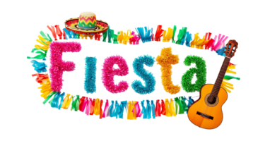 ai generiert das Wort Fiesta zusammengesetzt beschwingt Luftschlangen und ein Sombrero isoliert auf ein transparent Hintergrund png