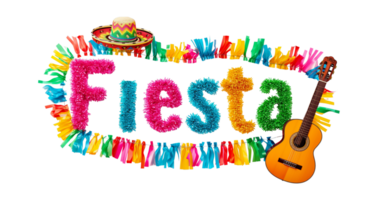 ai generiert das Wort Fiesta zusammengesetzt beschwingt Luftschlangen und ein Sombrero isoliert auf ein transparent Hintergrund png