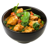 AI generated Chicken Vindaloo with spinach in black bowl isolated on transparent png