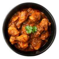 ai gerado frango vindaloo dentro Preto tigela topo Visão isolado em transparente png