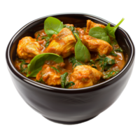AI generated Chicken Vindaloo with spinach in black bowl isolated on transparent png