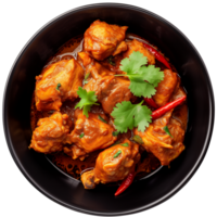 AI generated Chicken Vindaloo in black bowl top view isolated on transparent png