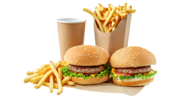 AI generated Fast food eco packaging with tasty hamburger french fries paper drink cup and souce isolated on transparent png