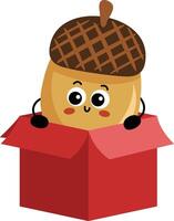 Funny acorn mascot in cardboard box vector