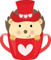 Adorable hedgehog with red hat inside the red teacup vector