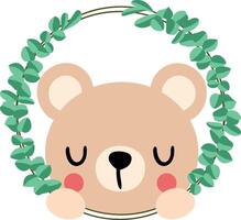 Friendly teddy bear peeking out of round leaves frame vector