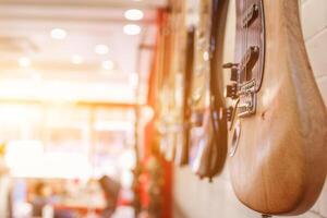 Guitars that were kept in the music practice room It is a guitar that is provided for musicians to practice and learn before performing in order to reduce the mistake of playing guitar on stage. photo