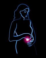 Vector isolated illustration of a pregnant woman. Contour drawing of a pregnant girl with a neon effect.