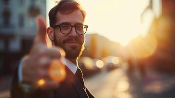 AI generated businessman with thumbs up on bokeh background, success concept photo