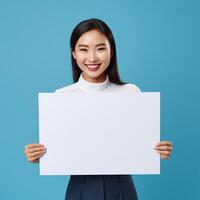 AI generated businesswoman holding blank board, isolated on blue background photo