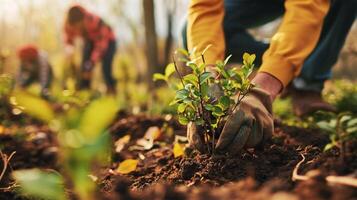 AI generated Close-up of young woman planting seedlings in the garden. Selective focus photo