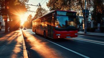 ai generado autobús en un ciudad calle a puesta de sol. concepto de viaje y transporte foto