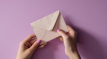 AI generated cropped view of woman holding blank business card on lilac background photo