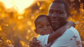 ai generado padre y hijo abrazando en el parque a puesta de sol. contento familia. foto