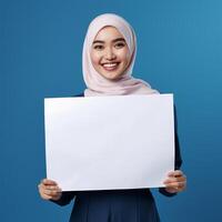 AI generated businesswoman holding blank board, isolated on blue background photo