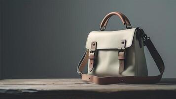 AI generated Luxury beige leather female handbag on a gray background photo