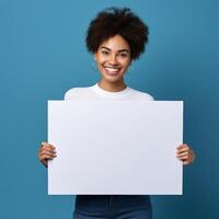 AI generated businesswoman holding blank board, isolated on blue background photo