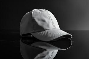 AI generated Baseball cap on a black background with reflection. Black and white. photo