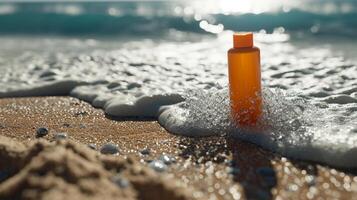 ai generado protector solar loción botella en el playa con mar y puesta de sol antecedentes foto