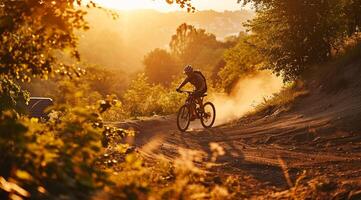 ai generado ciclista montando el bicicleta en el sendero en el hermosa otoño bosque. extremo deporte concepto. foto