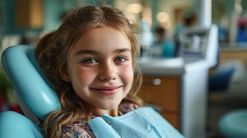 ai generado retrato de un sonriente joven mujer en un dental silla a el dentista foto