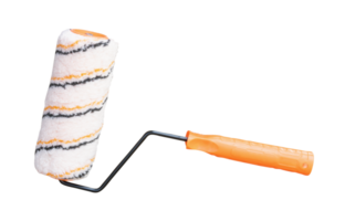 Top view of multicolor paint roller with orange handle isolated with clipping path in png file format