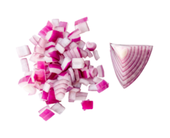 Top view of fresh red or purple onion slices or pieces in stack and set isolated with clipping path. in png file format.