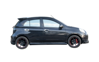 Single lovely small black hatchback car isolated with clipping path in png file format