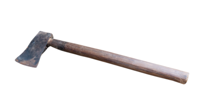 Old rust dirty dark gray axe with brown wooden handle isolated with clipping path in png file format