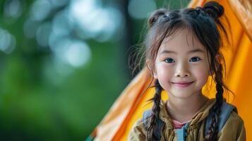 AI generated hild sitting near tent in forest  in front of camping tent photo