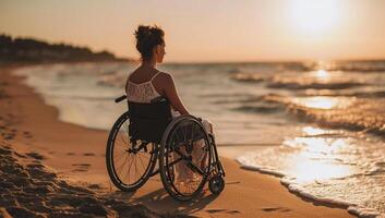 AI generated Young woman in a wheelchair on the beach at sunset. Side view. photo