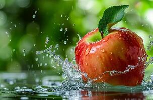 AI generated Red apple falling into water with splash and bokeh background. photo