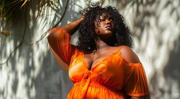 ai generado hermosa africano americano mujer en traje de baño en naranja antecedentes. foto