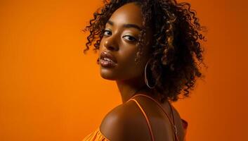 ai generado hermosa africano americano mujer en traje de baño en naranja antecedentes. foto