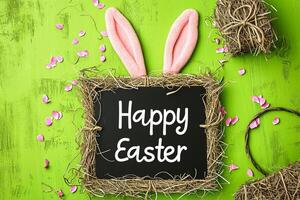 AI generated Happy Easter greeting card with white bunny ears and eggs on green background photo