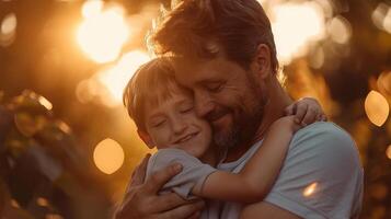 ai generado padre y hijo abrazando en el parque a puesta de sol. contento familia. foto