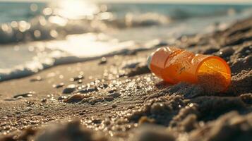 ai generado protector solar loción botella en el playa con mar y puesta de sol antecedentes foto