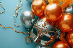 AI generated Carnival mask with orange balloons on a blue background. Holiday concept. photo