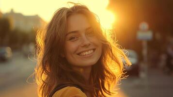 AI generated Portrait of a beautiful young woman on the street at sunset. photo