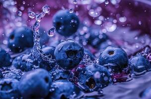 AI generated Blueberries falling into water with splashes and drops, close-up photo