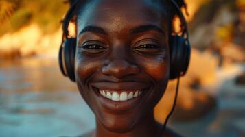 AI generated Portrait of smiling african american woman on beach at sunset photo