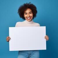 AI generated businesswoman holding blank board, isolated on blue background photo