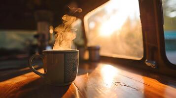 AI generated Cup of hot coffee with steam on a wooden table in the interior of a camper photo