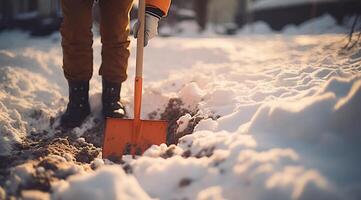 AI generated Man shoveling snow in the winter. Close-up of a shovel. photo