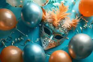 AI generated Carnival mask with orange balloons on a blue background. Holiday concept. photo