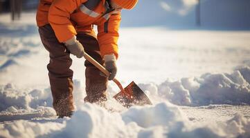 AI generated Man shoveling snow in the winter. Close-up of a shovel. photo