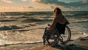 ai generado joven mujer en un silla de ruedas en el playa a puesta de sol. lado vista. foto