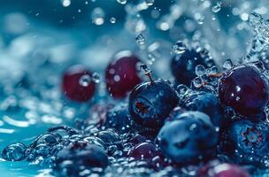 AI generated Blueberries falling into water with splashes and drops, close-up photo