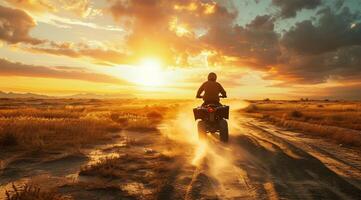 AI generated Racing quad bike on the sand in the rays of the setting sun photo
